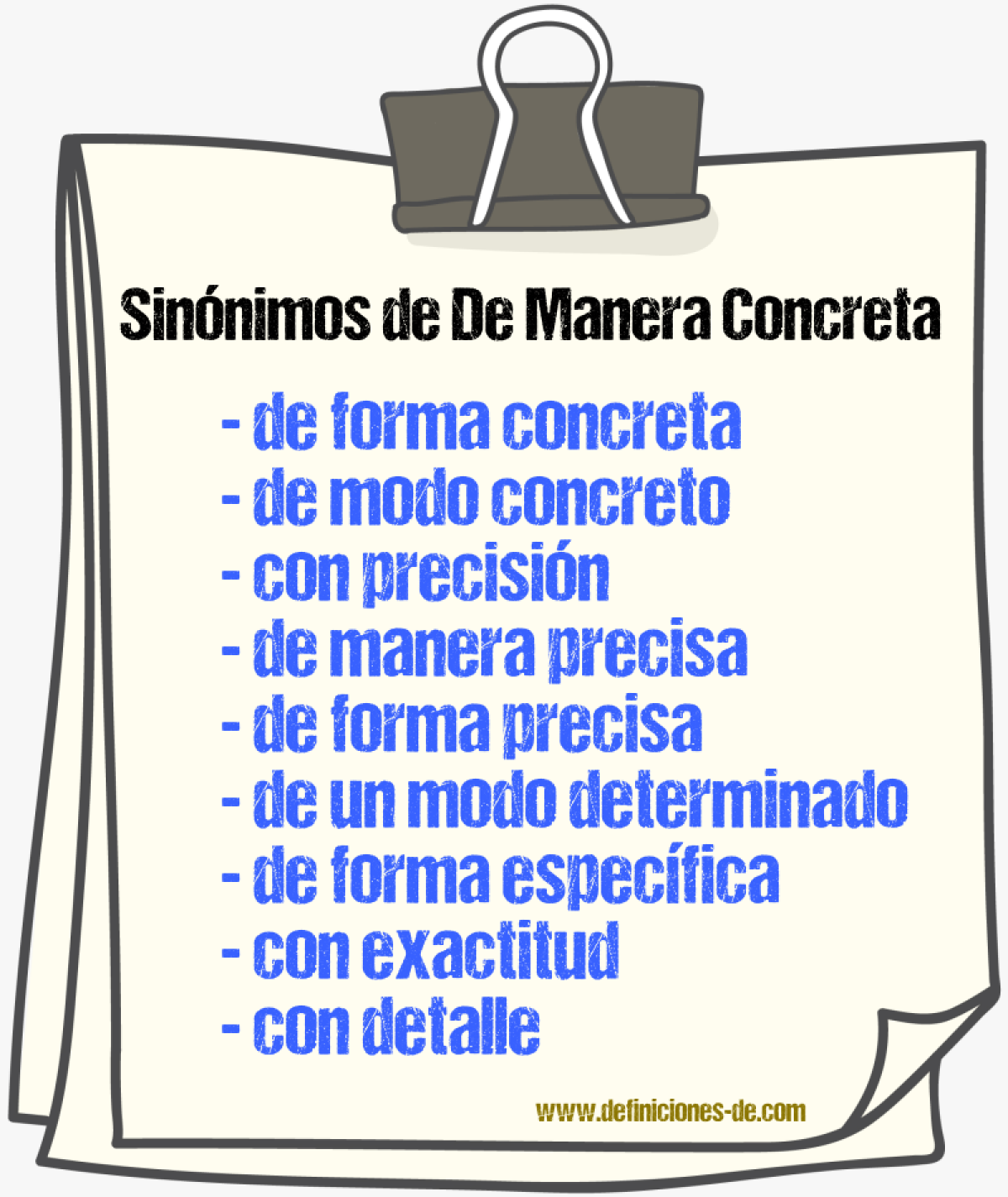 Sinónimos de de manera concreta