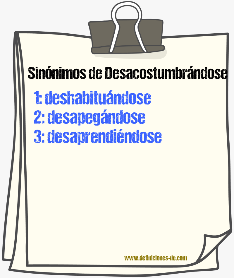 Sinónimos de desacostumbrándose
