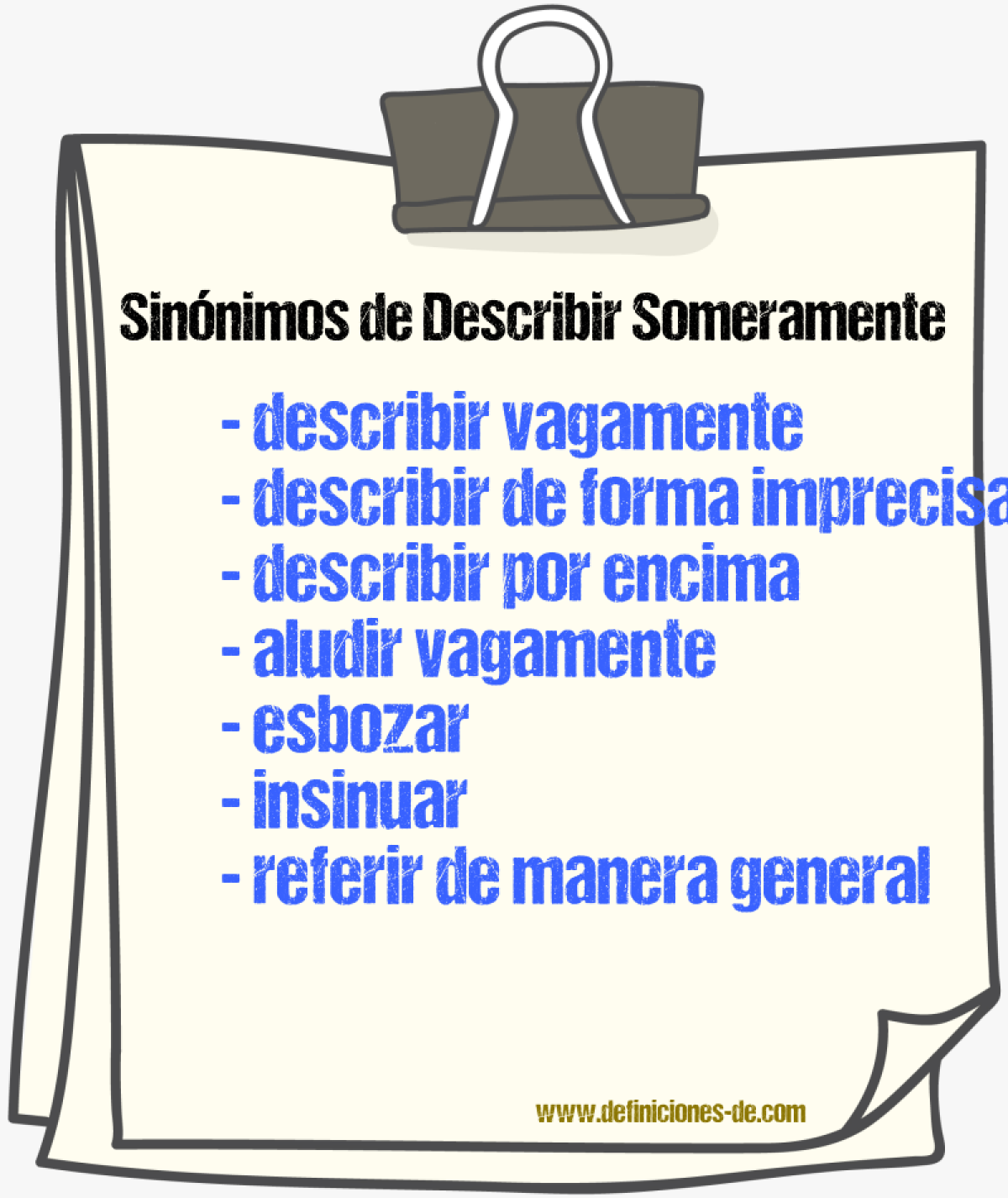 Sinónimos de describir someramente