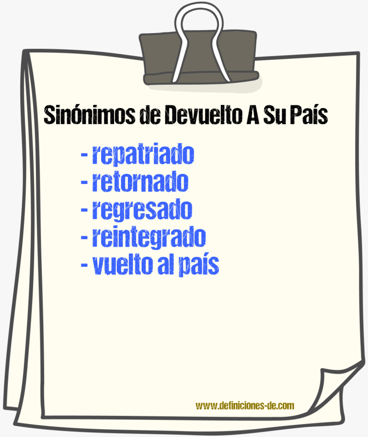 Sinónimos de devuelto a su país