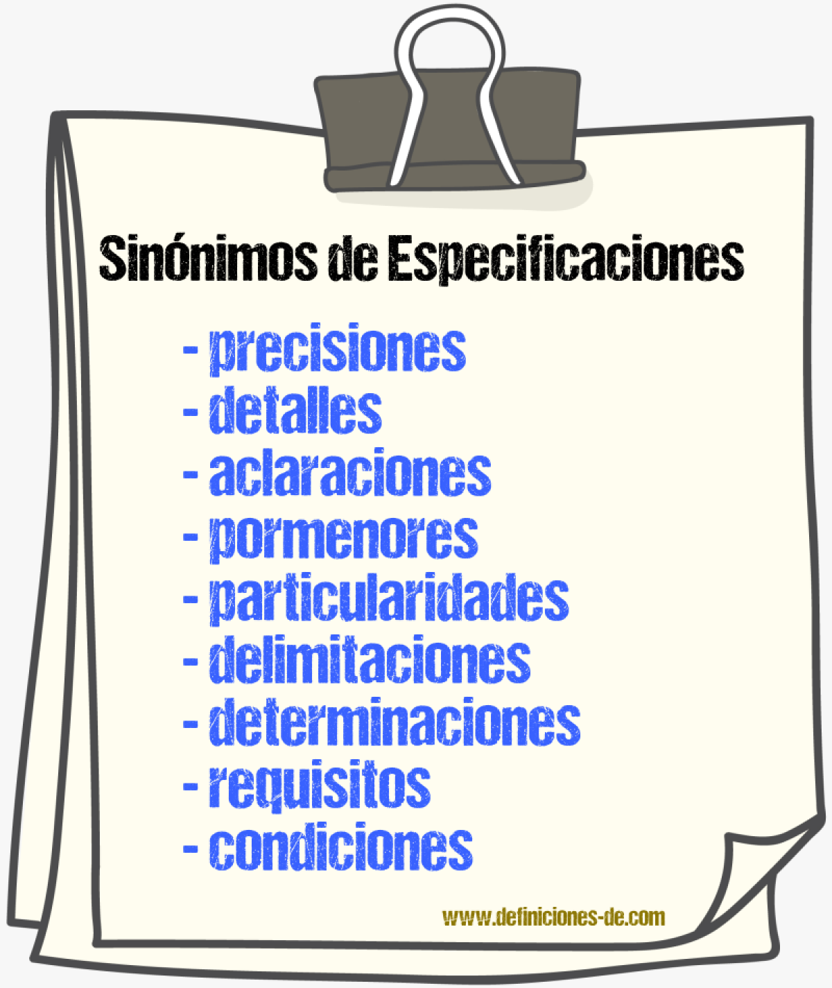 Sinónimos de especificaciones