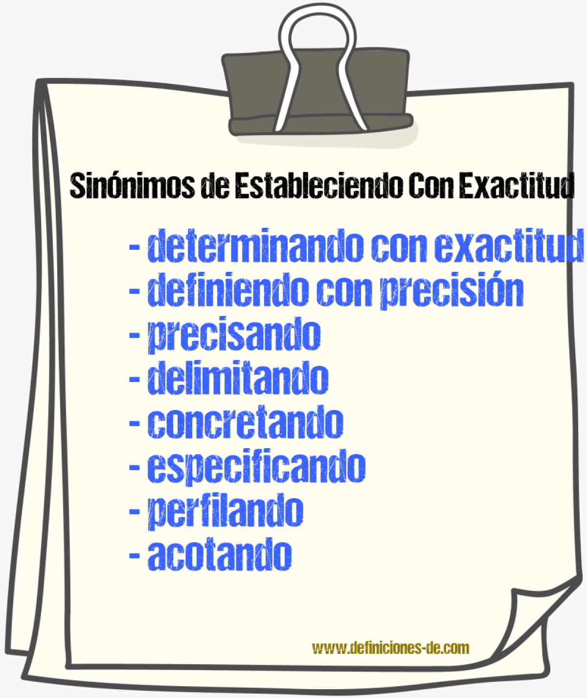 Sinónimos de estableciendo con exactitud