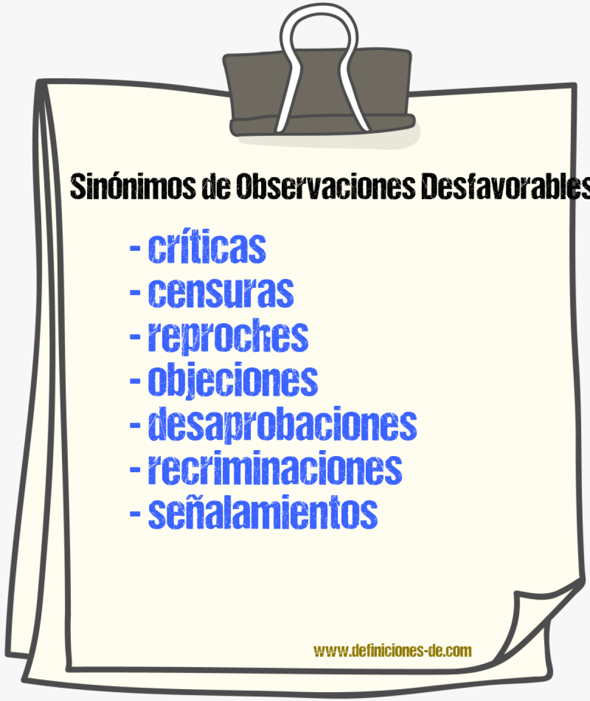 Sinónimos de observaciones desfavorables