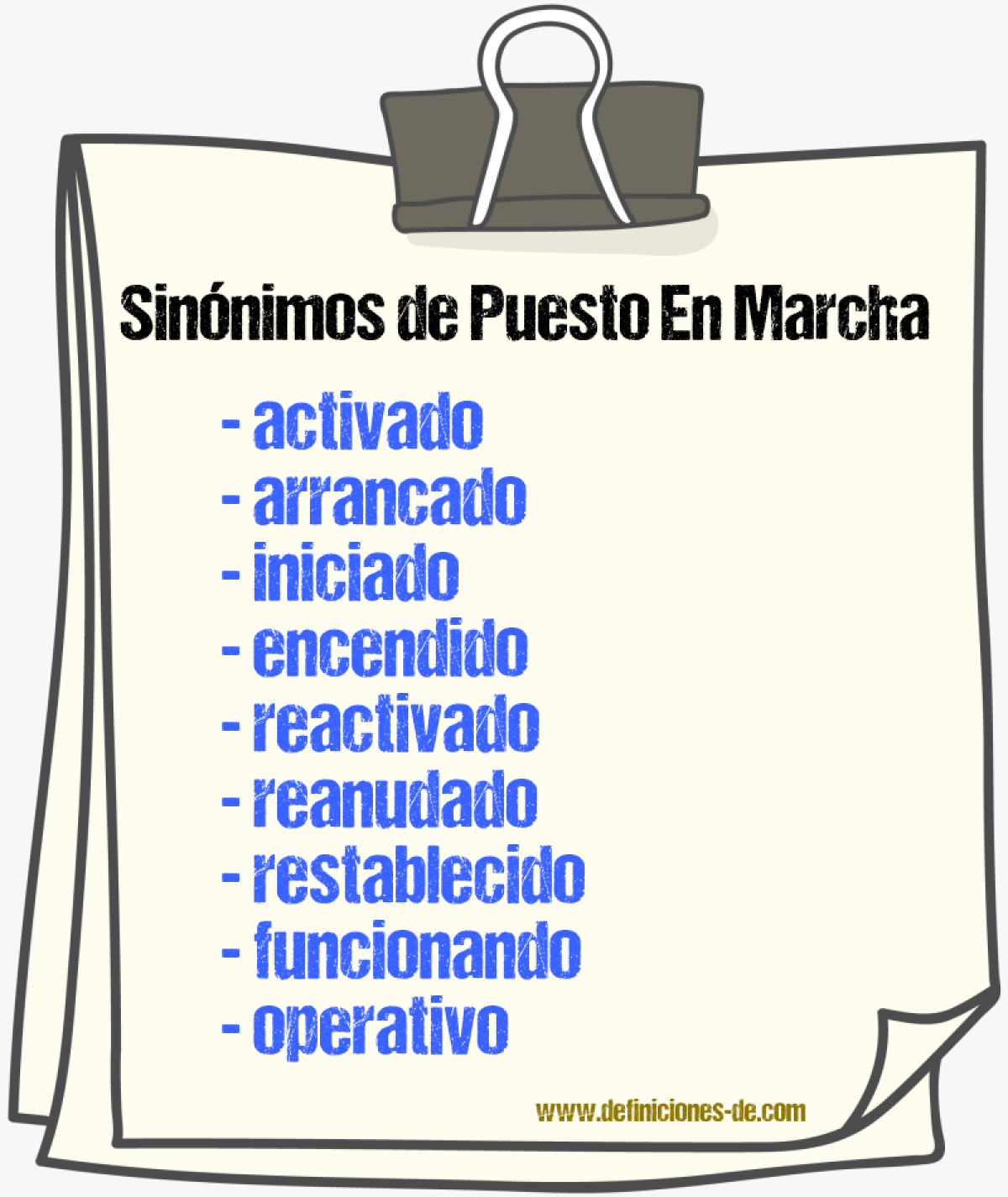 Sinónimos de puesto en marcha