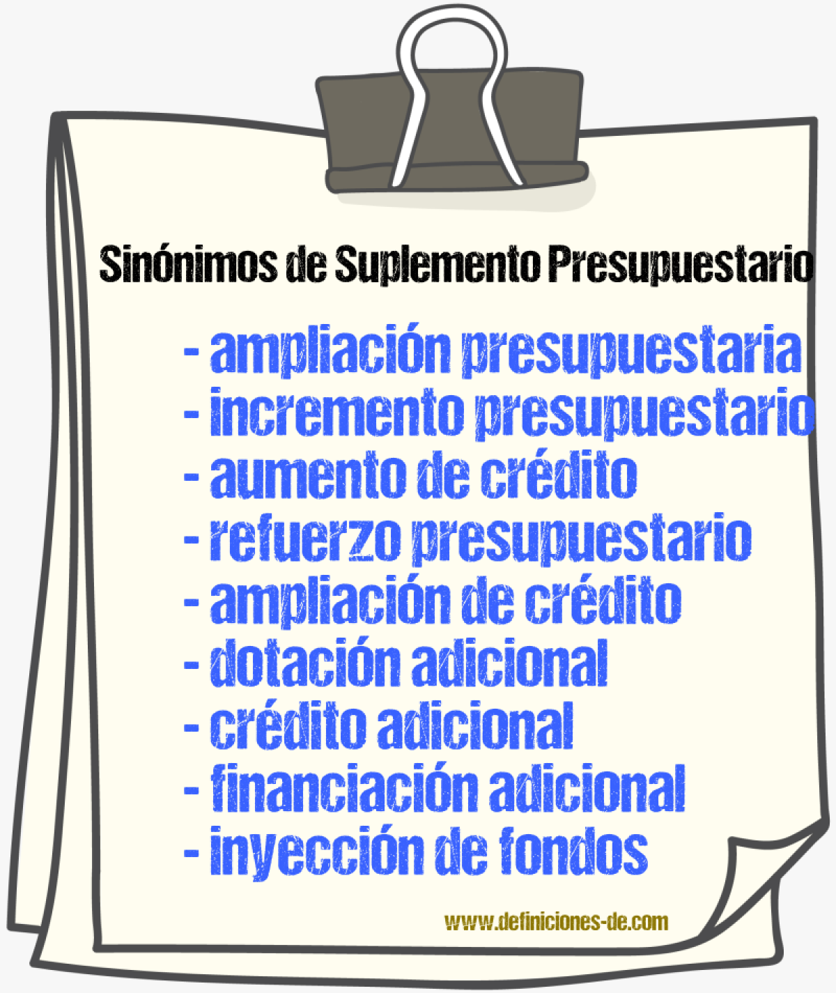 Sinónimos de suplemento presupuestario