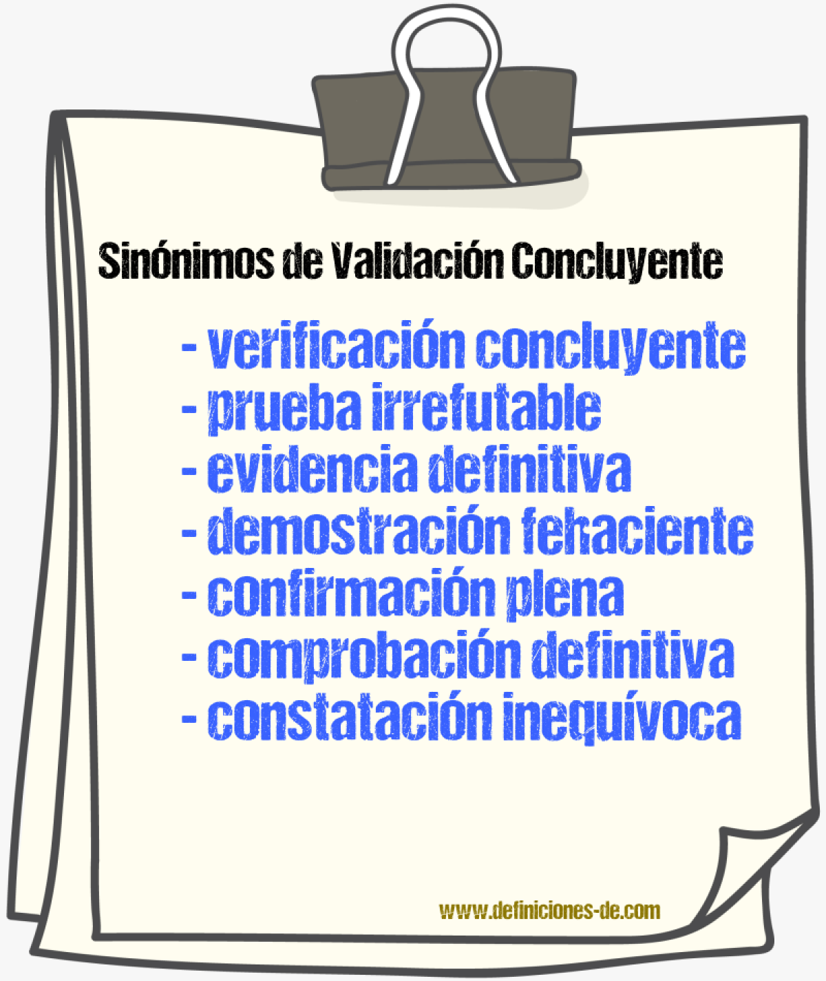 Sinónimos de validación concluyente
